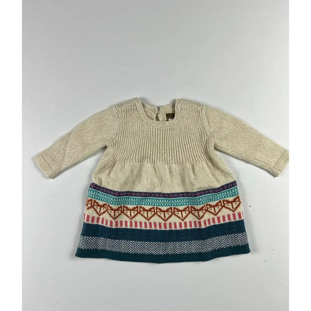 NEW Tea Collection Fox Fair Isle Sweater Dress Almond 3-6 Months